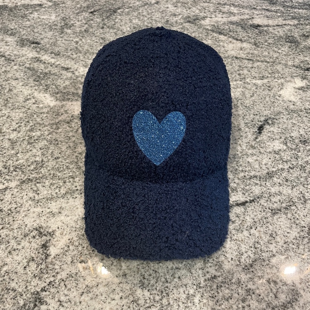 New Custom Designed Navy Teddy Baseball Cap with Blue Glitter Heart, Adjustable